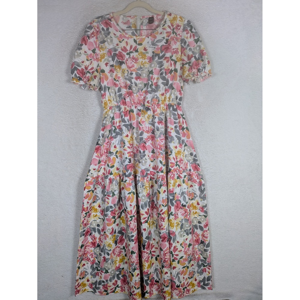 SHEIN Maxi Dress Women's Large Pink Floral Tiered Puff Sleeve Elastic Waist